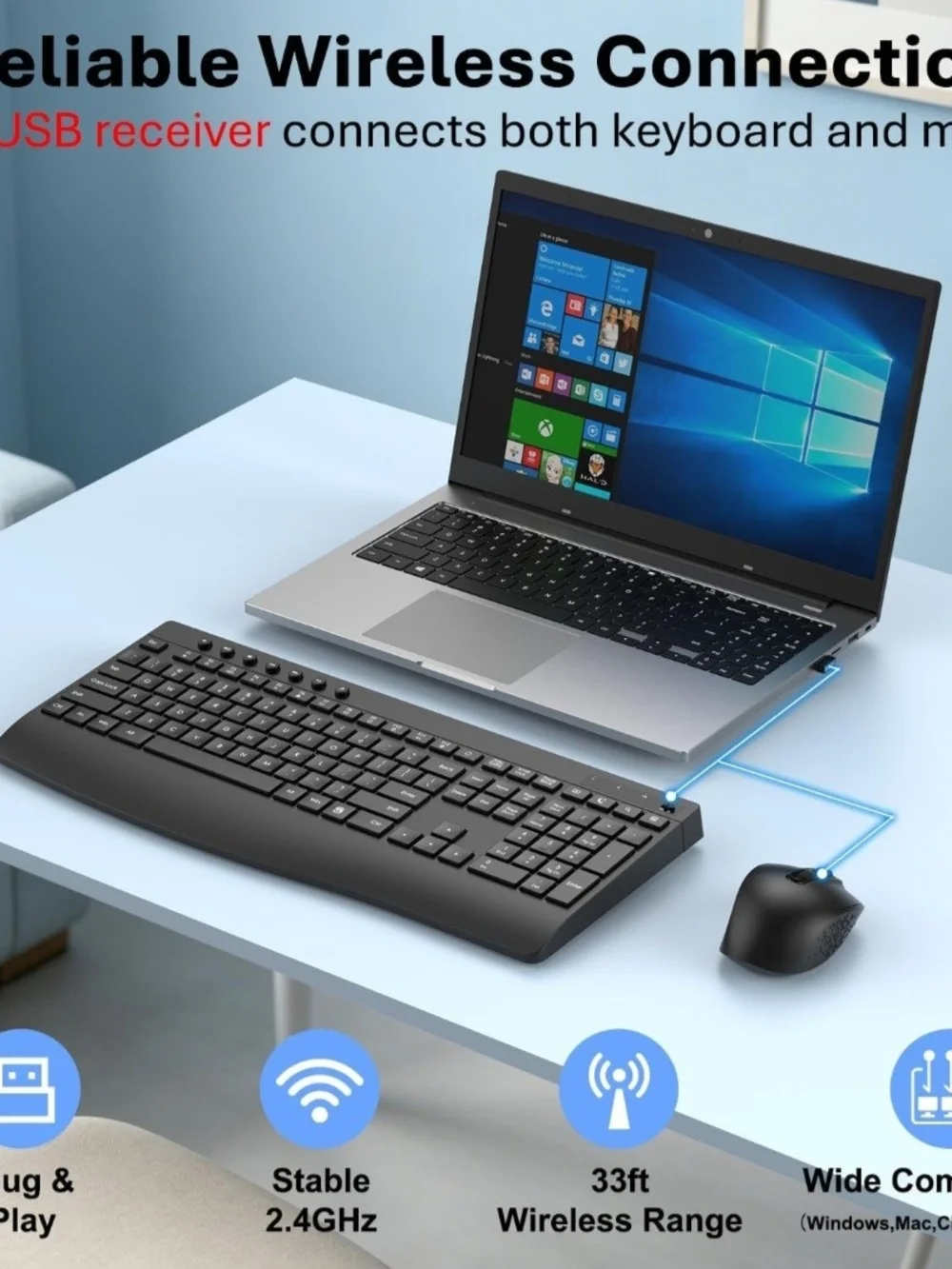 Wireless Keyboard and Mouse Combo, Full-Size Ergonomic Computer Set with Palm